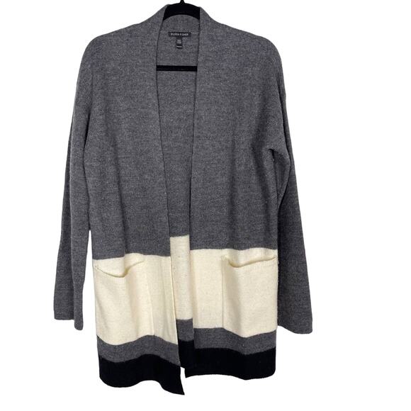 Eileen Fisher XXS Gray Cream Felted Merino Wool Stripe Long Cardigan Sweater - Picture 1 of 6